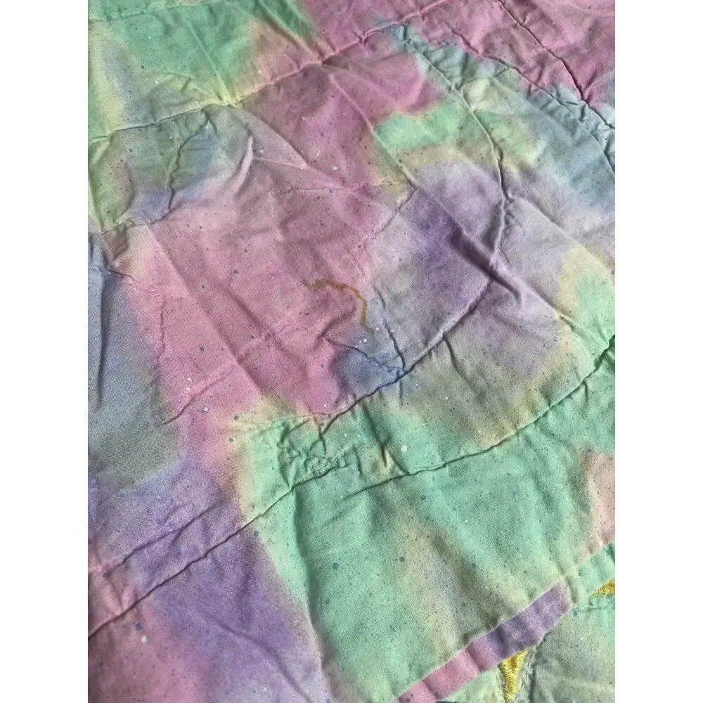 Vintage Whimsical Blanket Quilt Neon Colors Moon Stars Bunnies 47in X 31in